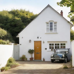 A neat house with two rooms located on the right, a car parked in the left corner. The main door reveals an appealing living area, with the kitchen neatly tucked away at the end.