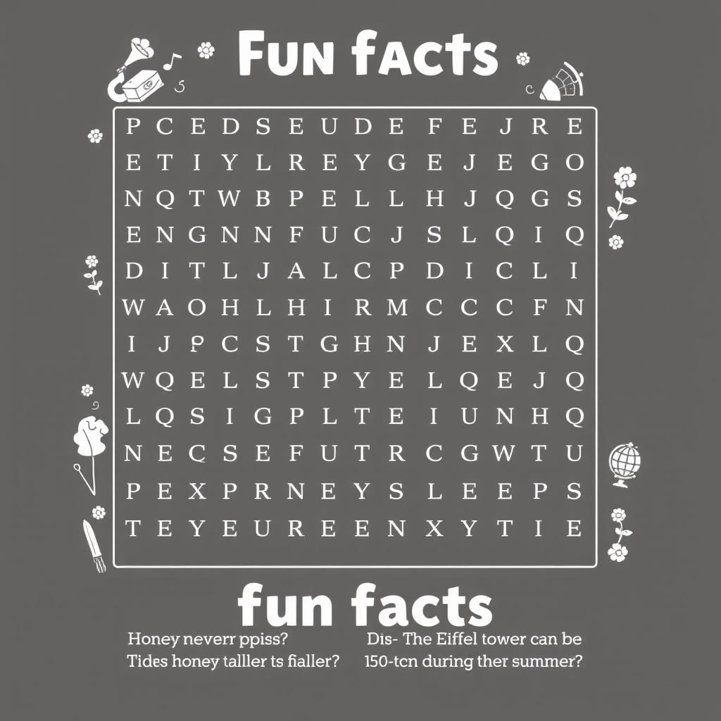 A black and white word search page designed for seniors, featuring a fun facts theme