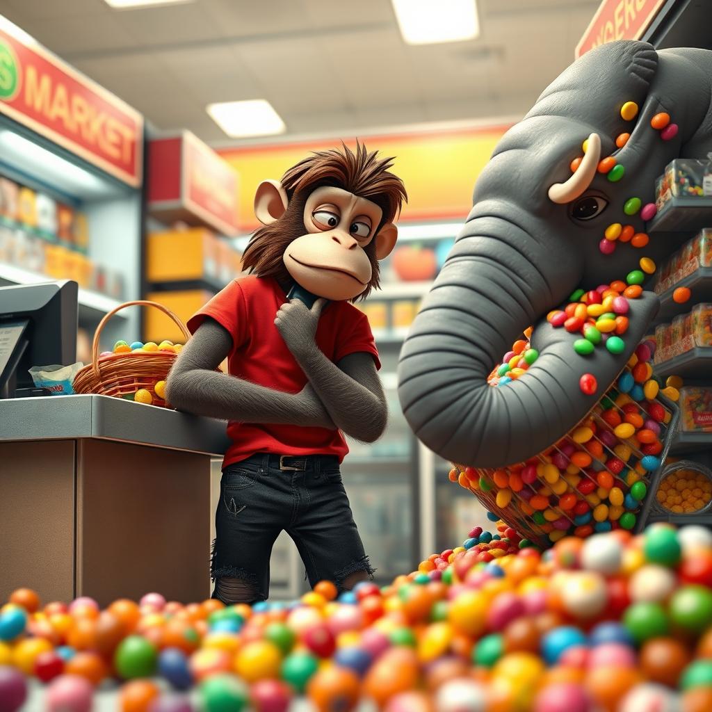Dicky, a slender and muscular cashier monkey with long wavy dark brown hair, wearing a red t-shirt and torn black jeans, stands behind the cashier counter with a flat expression