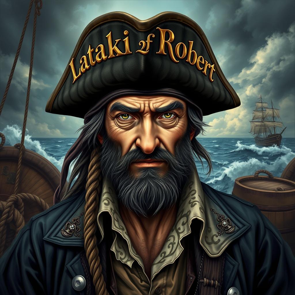 A detailed portrait of a pirate with a weathered face, wearing a dark, rugged hat with the word 'Latakia Robert' boldly emblazoned on the front