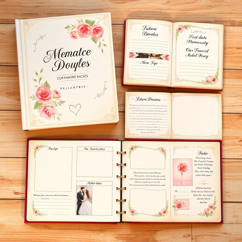 A beautifully designed memory book for couples, featuring a variety of artistic pages adorned with romantic motifs and elegant typography