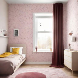 Modern, minimalistic girl's room with a single bed, featuring a full-size window, bird-patterned wallpaper, and a cozy palette of beige, claret, with splashes of yellow accents.