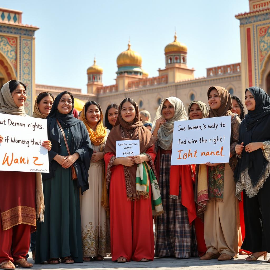 A powerful image depicting the resilience and strength of Iranian women, showcasing a group of diverse women in traditional and modern attire, standing together in solidarity