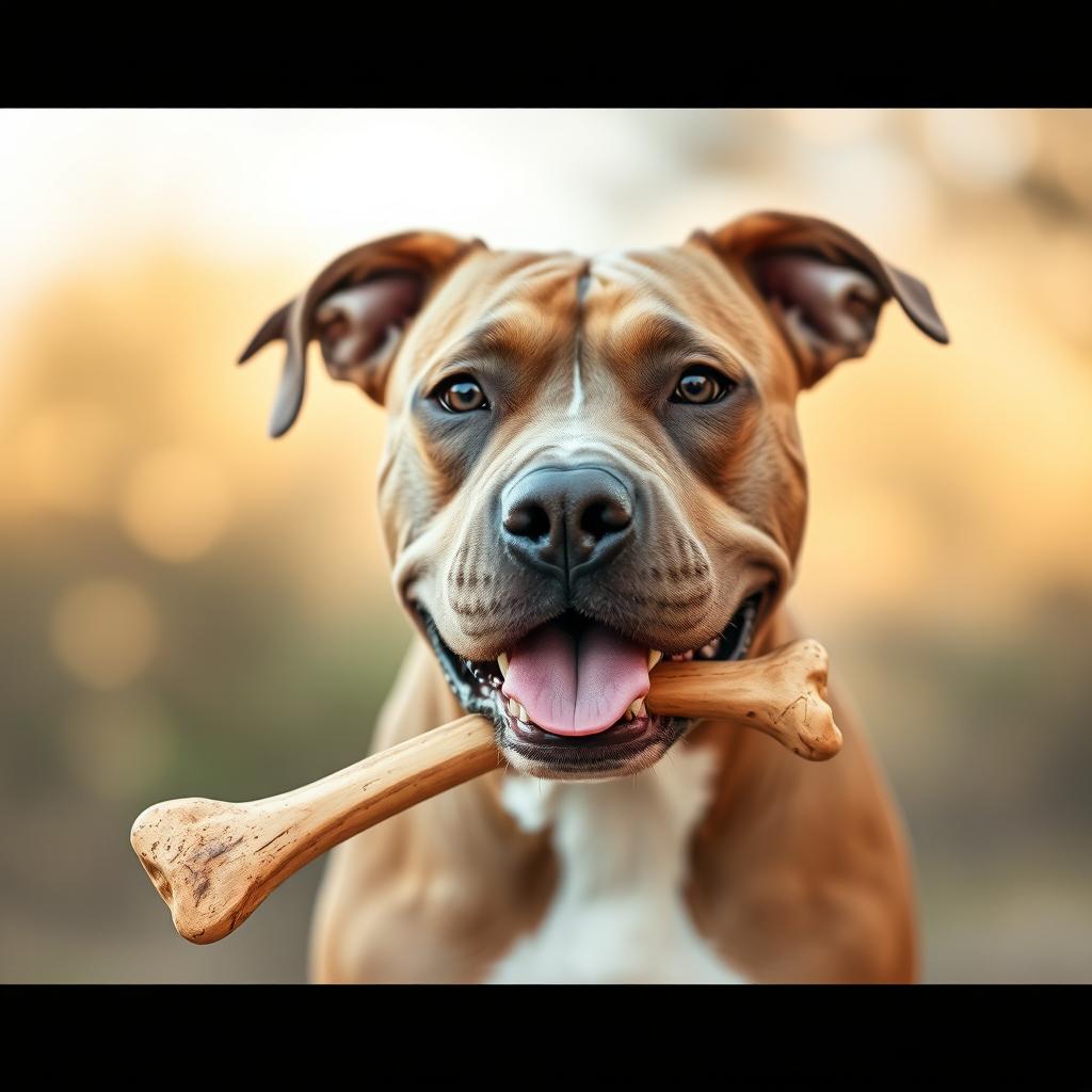A pit bull dog holding a bone in its mouth, looking directly at the camera in a frontal view