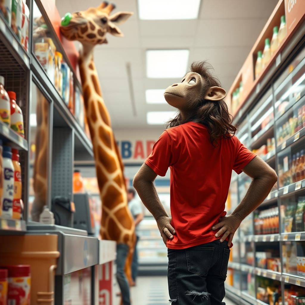A tall giraffe with a yellowish-brown body stands at the cashier, its head extended above the frame