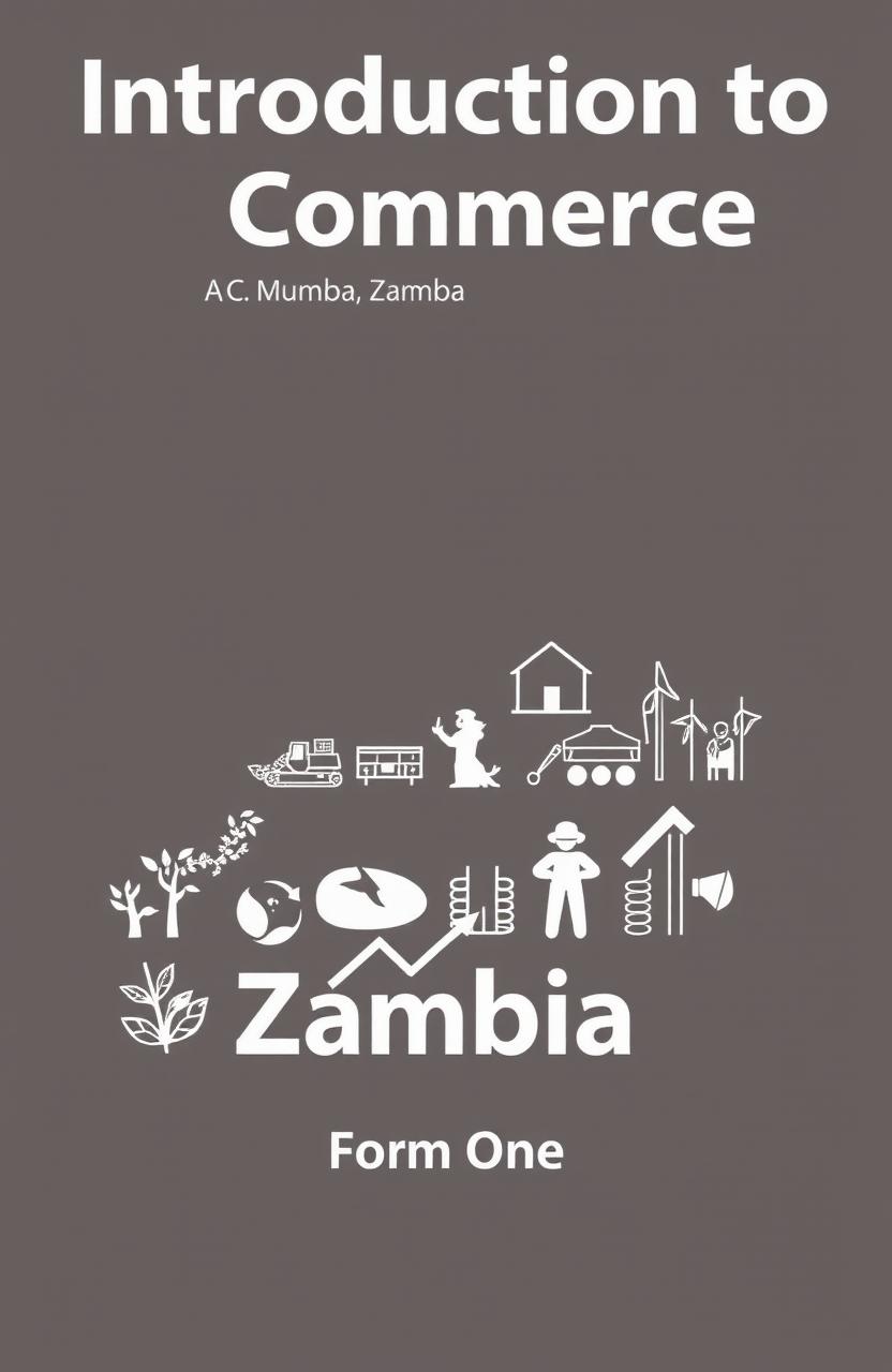 A black and white A4 cover page design for a book titled "Introduction to Commerce: Exploring Trade, Production, and Economic Growth" by C
