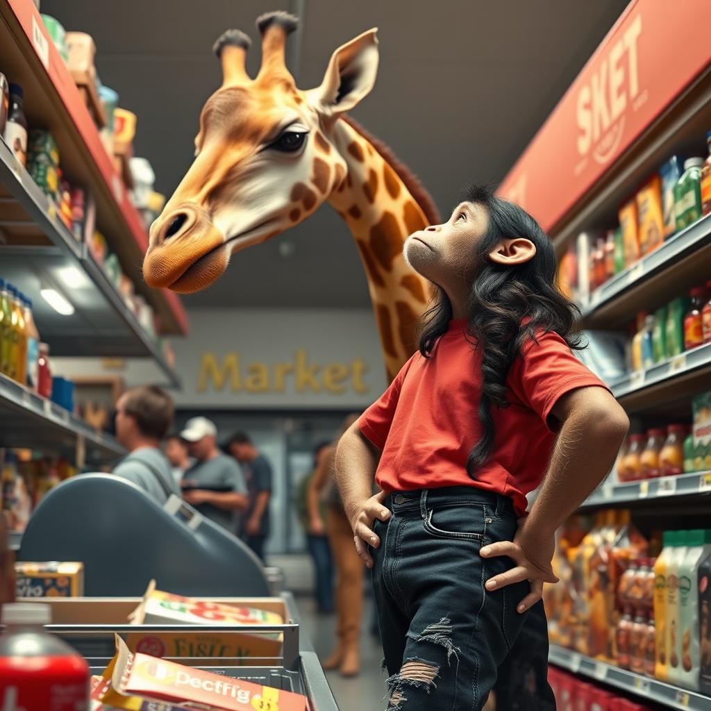 A tall giraffe with a yellowish-brown body stands at the cashier, its head extending above the frame