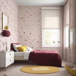 Modern, minimalistic girl's room with a single bed, featuring a full-size window, bird-patterned wallpaper, and a cozy palette of beige, claret, with splashes of yellow accents.