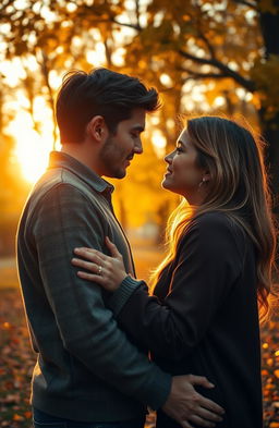 A beautifully emotional scene depicting the theme of unconfessed love, featuring two individuals standing close together in a serene park at sunset, their eyes glancing at each other filled with longing yet unspoken words
