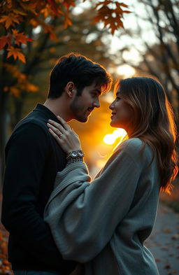 A beautifully emotional scene depicting the theme of unconfessed love, featuring two individuals standing close together in a serene park at sunset, their eyes glancing at each other filled with longing yet unspoken words