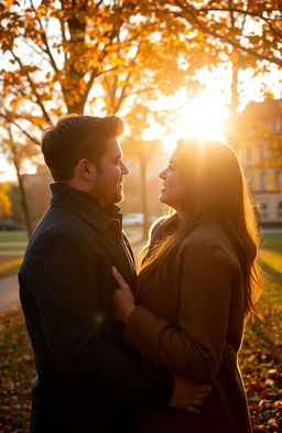 A beautifully emotional scene depicting the theme of unconfessed love, featuring two individuals standing close together in a serene park at sunset, their eyes glancing at each other filled with longing yet unspoken words