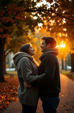 A beautifully emotional scene depicting the theme of unconfessed love, featuring two individuals standing close together in a serene park at sunset, their eyes glancing at each other filled with longing yet unspoken words