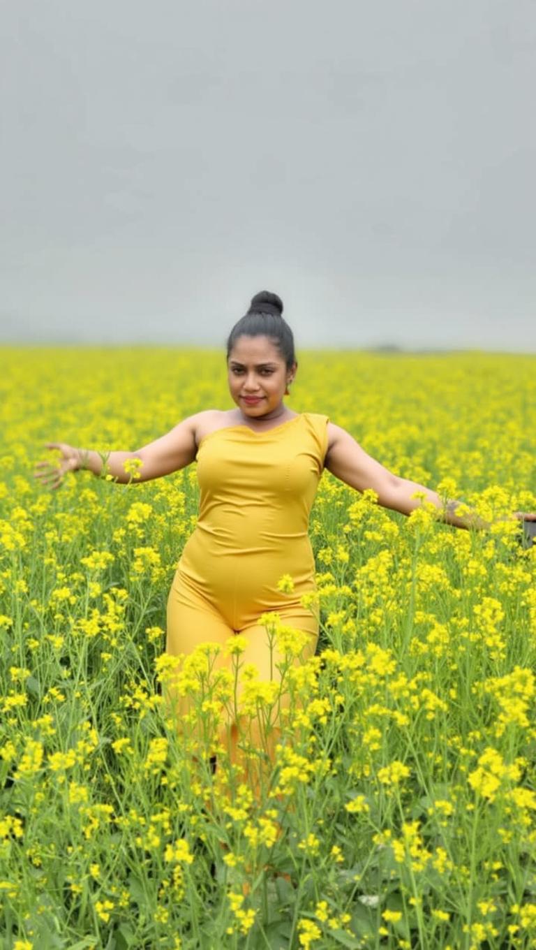 A young woman standing confidently in a vibrant yellow mustard flower field, arms outstretched