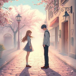 An aesthetic representation of 'The Unconfessed Love', depicting a dreamlike atmosphere where two figures stand on opposite sides of a quaint cobblestone street, drenched in soft pastel colors and delicate light