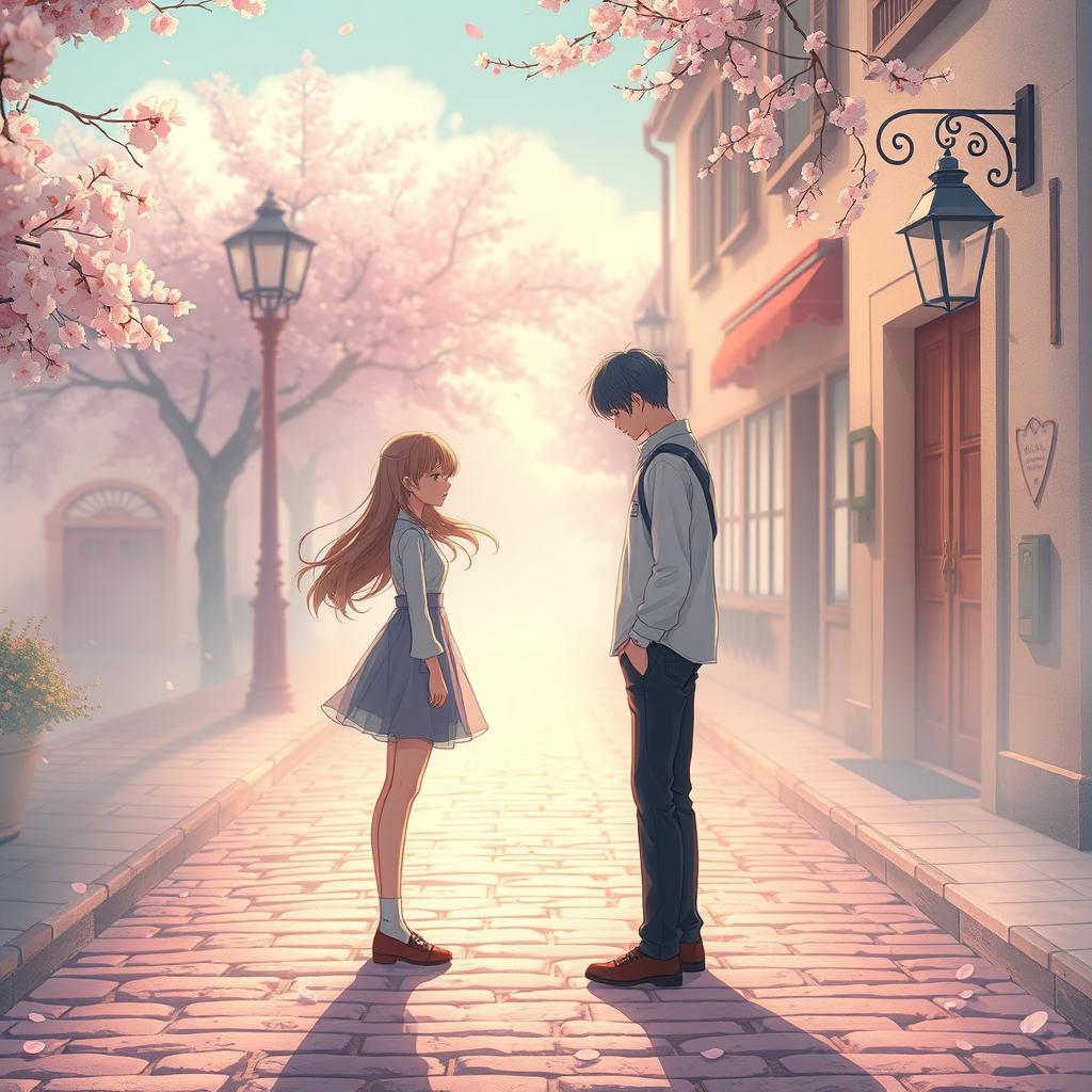 An aesthetic representation of 'The Unconfessed Love', depicting a dreamlike atmosphere where two figures stand on opposite sides of a quaint cobblestone street, drenched in soft pastel colors and delicate light