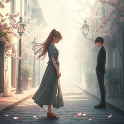 An aesthetic representation of 'The Unconfessed Love', depicting a dreamlike atmosphere where two figures stand on opposite sides of a quaint cobblestone street, drenched in soft pastel colors and delicate light