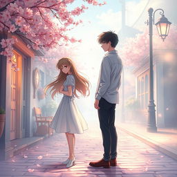 An aesthetic representation of 'The Unconfessed Love', depicting a dreamlike atmosphere where two figures stand on opposite sides of a quaint cobblestone street, drenched in soft pastel colors and delicate light