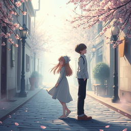 An aesthetic representation of 'The Unconfessed Love', depicting a dreamlike atmosphere where two figures stand on opposite sides of a quaint cobblestone street, drenched in soft pastel colors and delicate light