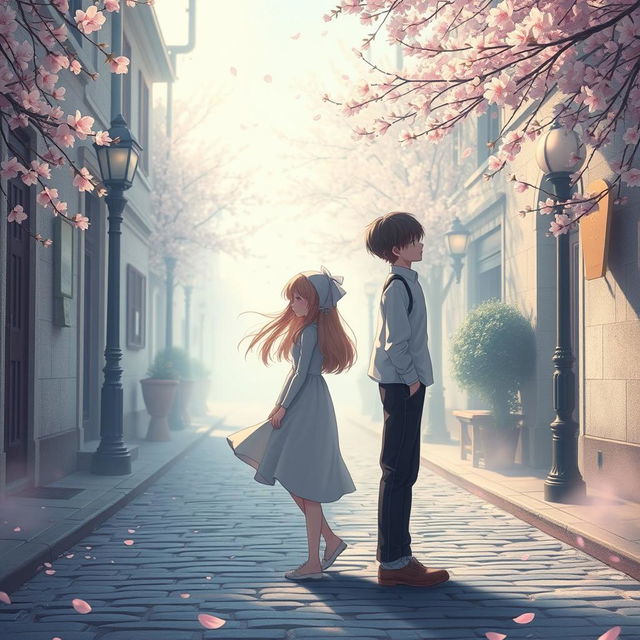 An aesthetic representation of 'The Unconfessed Love', depicting a dreamlike atmosphere where two figures stand on opposite sides of a quaint cobblestone street, drenched in soft pastel colors and delicate light