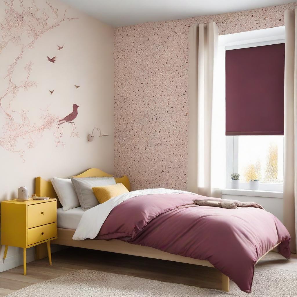 Modern, minimalistic girl's room with a single bed, featuring a full-size window, bird-patterned wallpaper, and a cozy palette of beige, claret, with splashes of yellow accents.