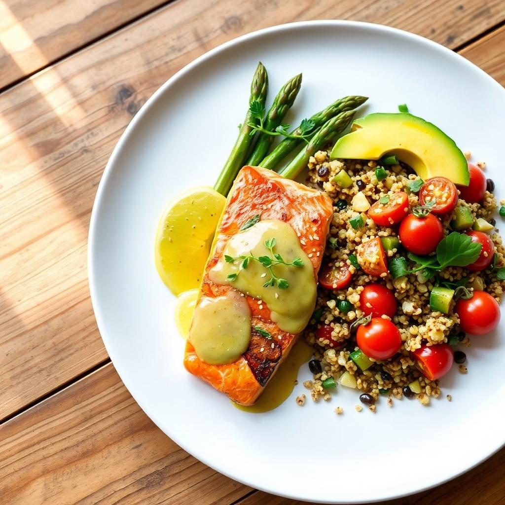 A beautifully styled gourmet dish featuring a vibrant plate of seared salmon topped with a lemon herb sauce, accompanied by a side of roasted asparagus and quinoa salad with cherry tomatoes and avocado