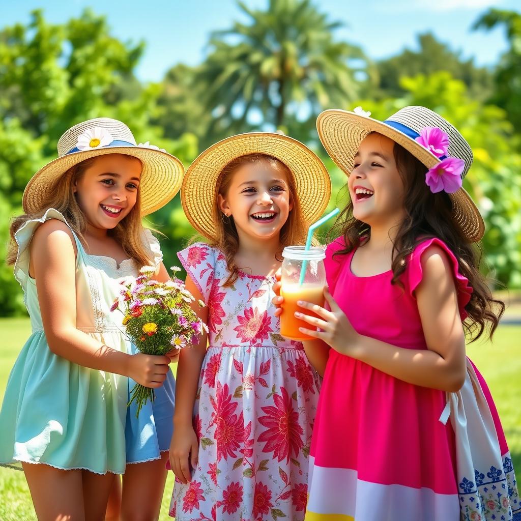 A group of cute girls laughing together in a sunny park, wearing colorful summer dresses and sun hats, with flowers in their hair