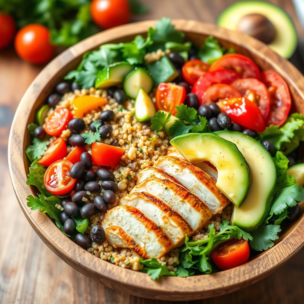 A colorful homemade protein salad featuring a base of mixed greens topped with grilled chicken strips, quinoa, cherry tomatoes, sliced cucumbers, bell peppers, and black beans