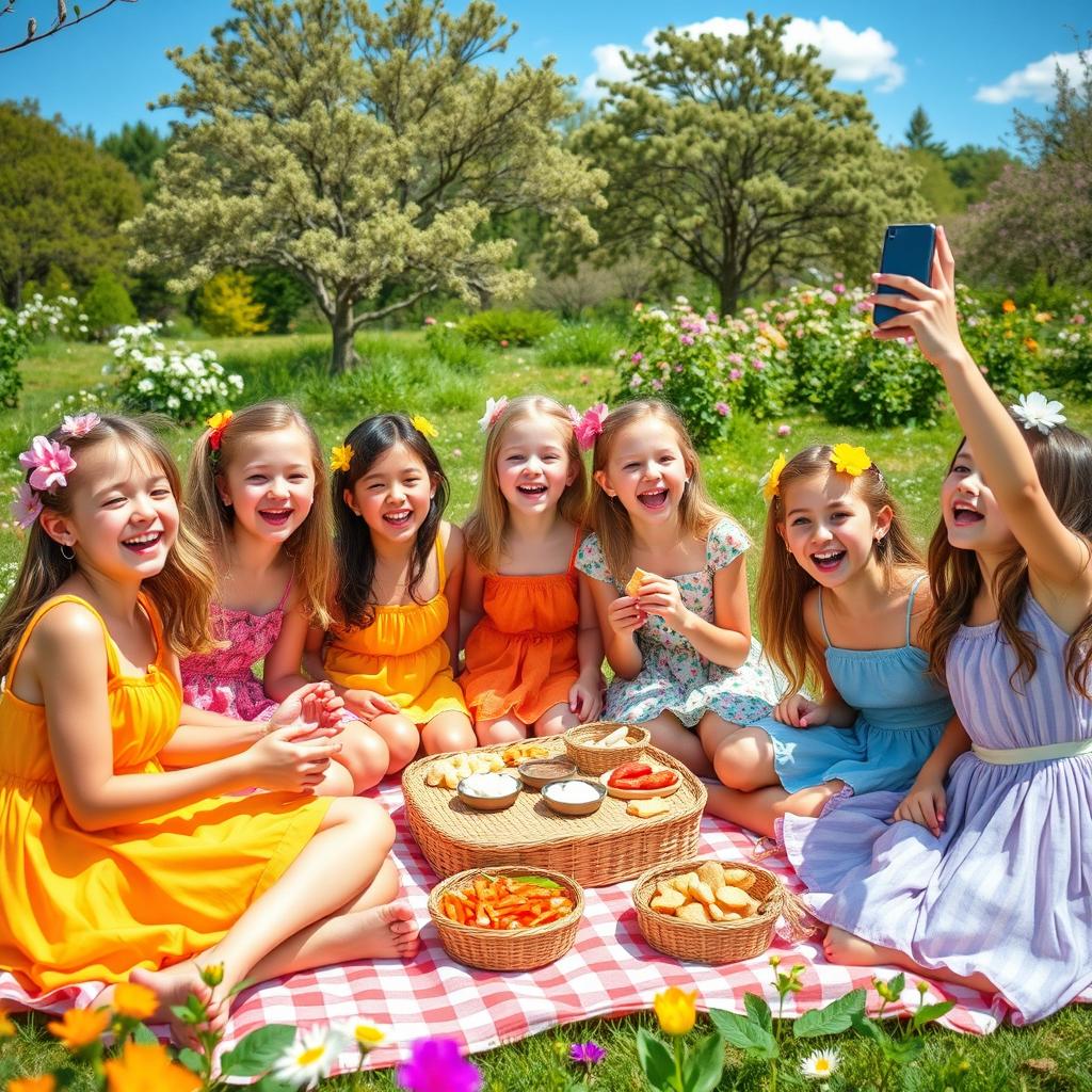 A group of cute girls laughing and having fun at a picnic in a sunny park