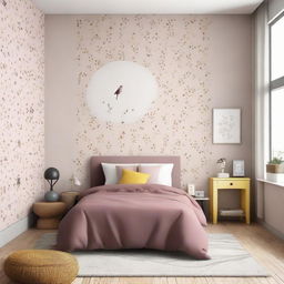 Modern, minimalistic girl's room with a single bed, featuring a full-size window, bird-patterned wallpaper, and a cozy palette of beige, claret, with splashes of yellow accents.