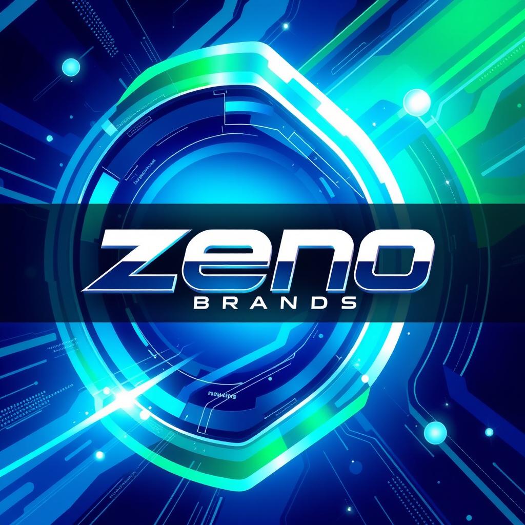 A vibrant and dynamic digital illustration featuring a futuristic brand logo for 'Zeno Brands', incorporating elements like sleek lines, bold colors, and a modern font that captures the essence of innovation and technology