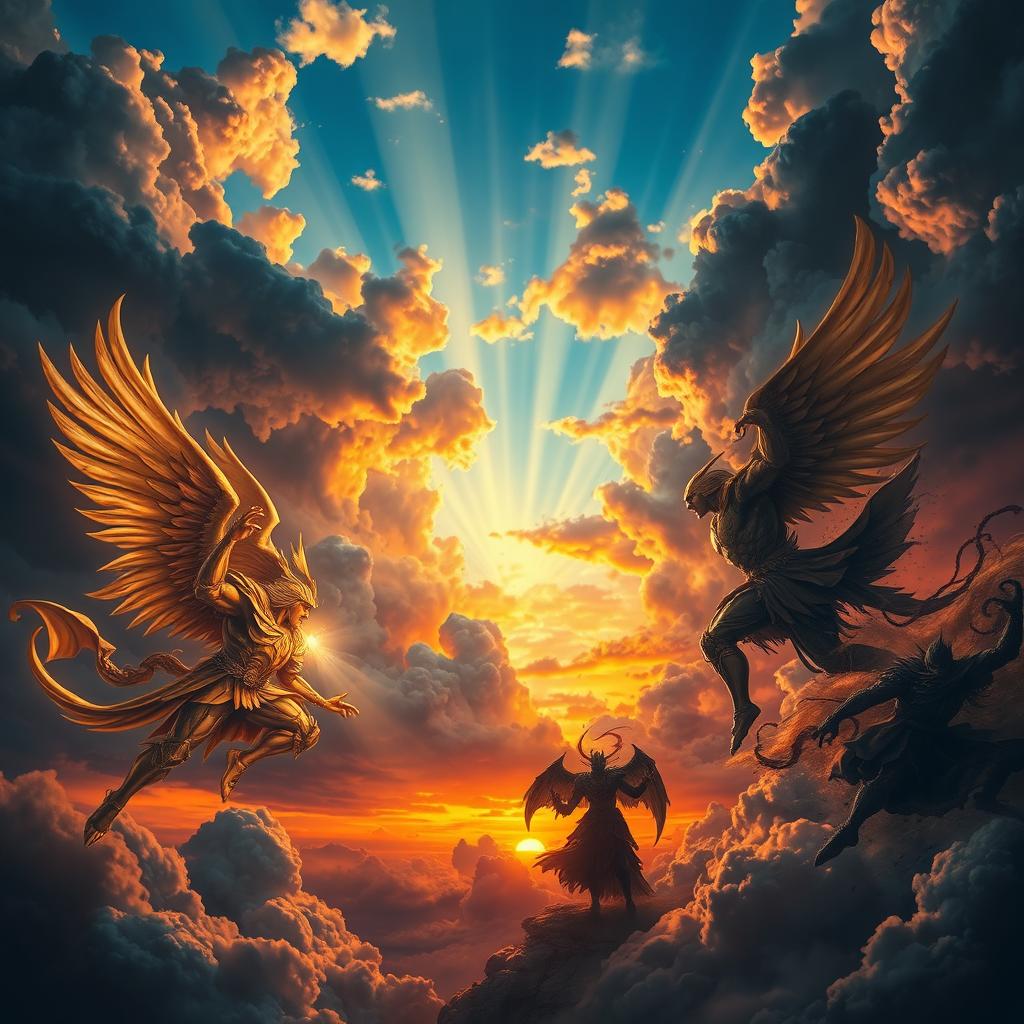 An epic battle between darkness and light in the sky, representing good versus evil