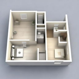 A 3D floor plan of a house with two rooms on the right, a bathroom on the left, a kitchen at the back, and a living area accessible right upon entering the main door.