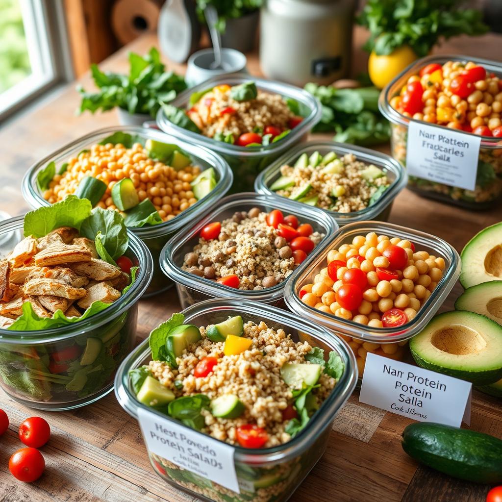 A vibrant and colorful display of various homemade protein salads, showcasing an array of fresh ingredients such as leafy greens, grilled chicken, chickpeas, quinoa, cherry tomatoes, cucumbers, and avocado