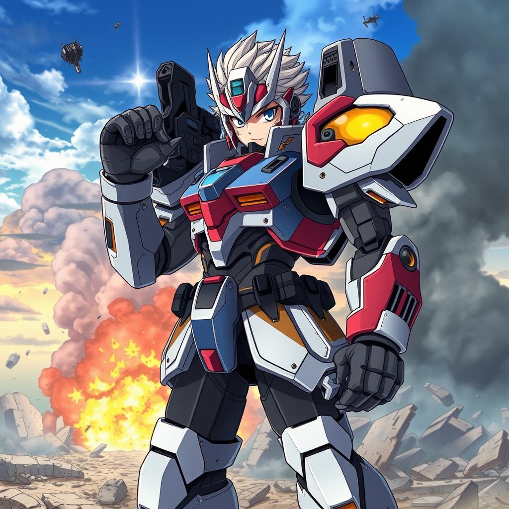 A soldier in anime style, wearing a detailed futuristic armor with vibrant colors, standing confidently in a dramatic battle-styled pose