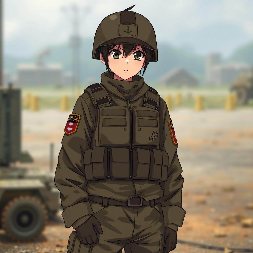 A realistic soldier depicted in anime style, wearing authentic military gear that includes a tactical vest, camouflage uniform, and combat boots
