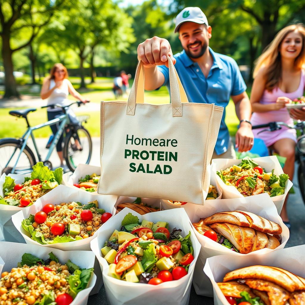 A vibrant homemade protein salad delivery business concept featuring colorful and fresh salads in eco-friendly packaging