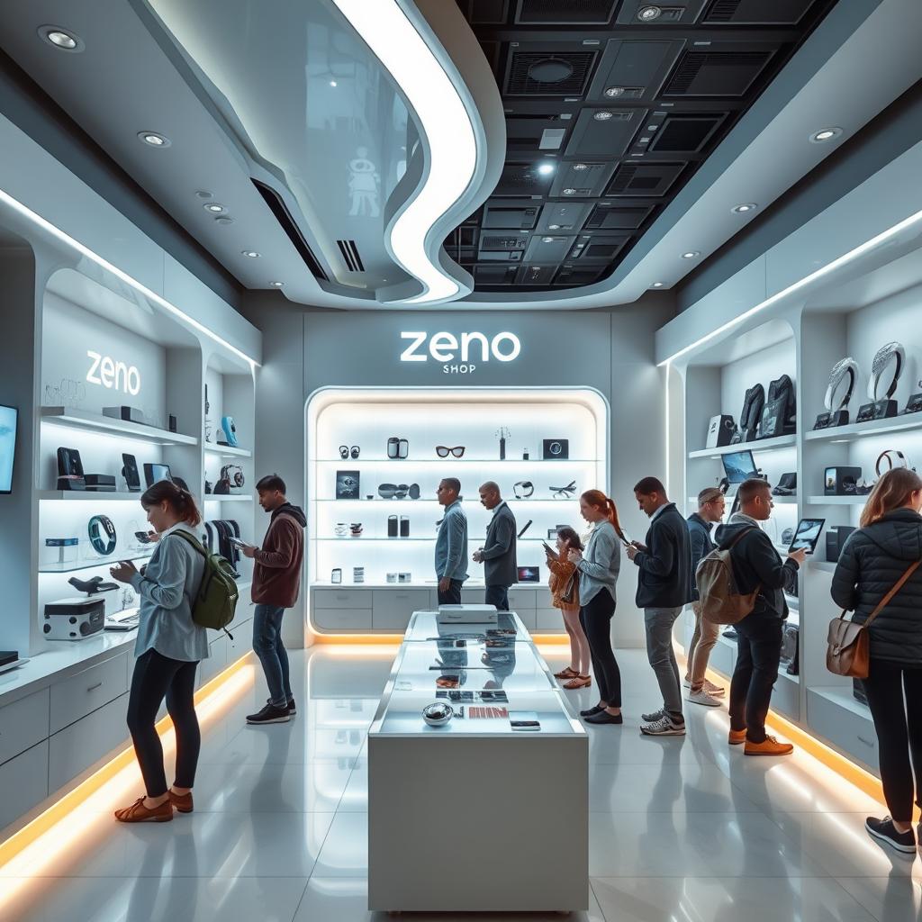 A futuristic retail store called 'Zeno Shop', featuring sleek, modern design and a bright, welcoming interior