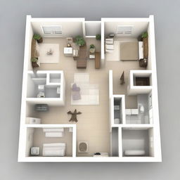 A 3D floor plan of a house with two rooms on the right, a bathroom on the left, a kitchen at the back, and a living area accessible right upon entering the main door.