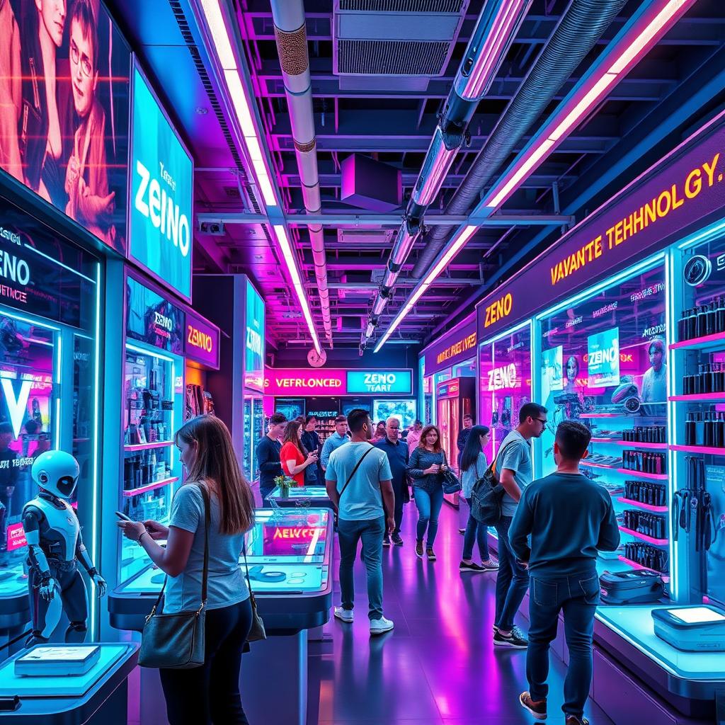 A vibrant, futuristic Zeno shop filled with advanced technology gadgets and cool sci-fi merchandise