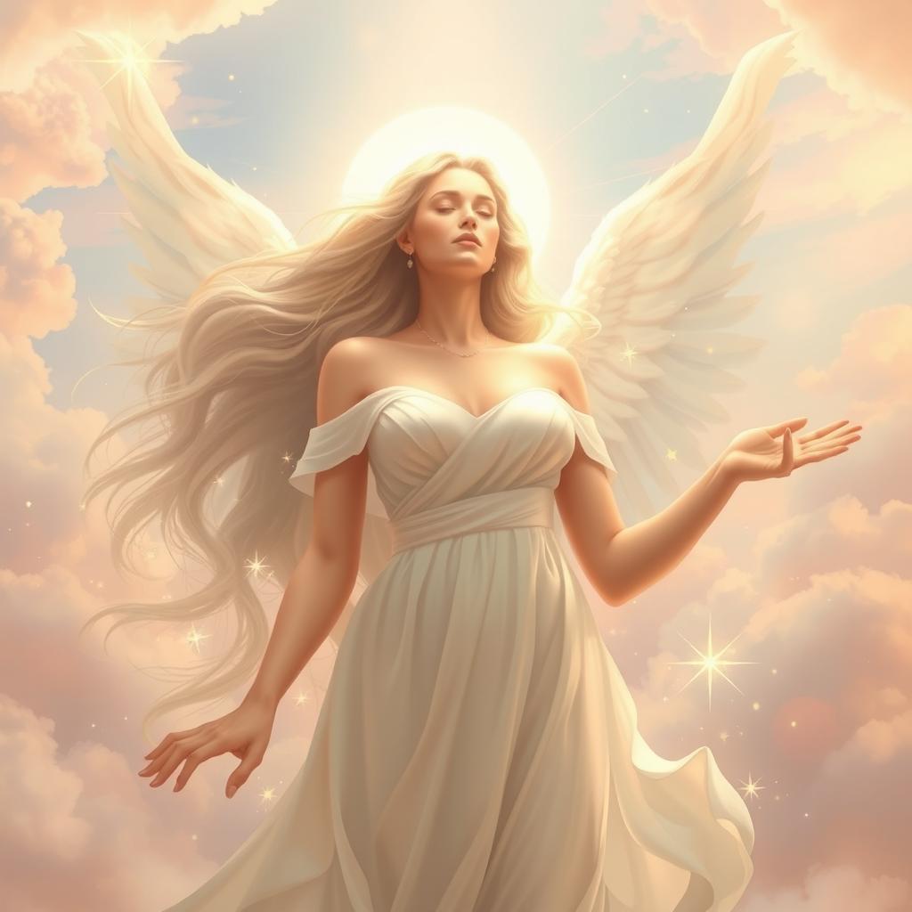 A heavenly depiction of a woman with an ethereal glow, surrounded by soft clouds and delicate light