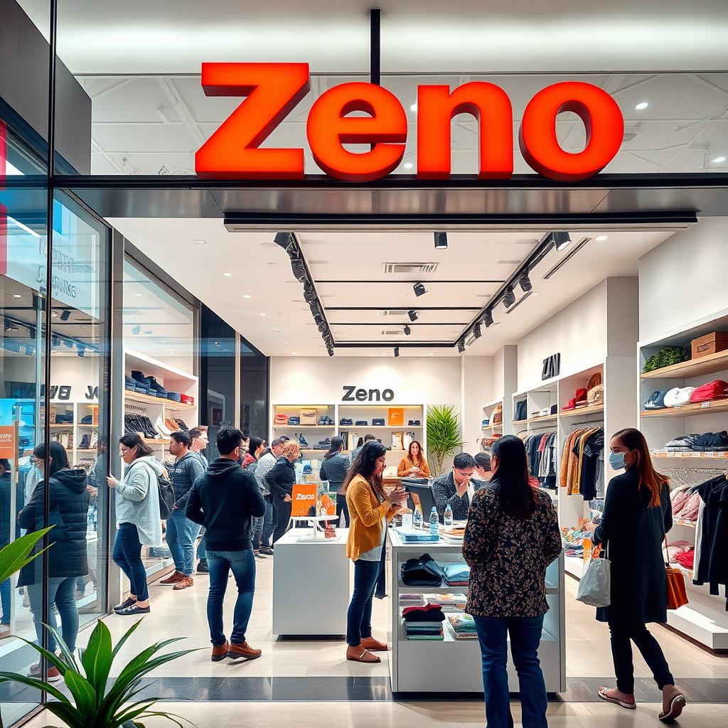 A modern and stylish shop named 'Zeno', featuring sleek architectural design, large glass windows, and vibrant outdoor signage