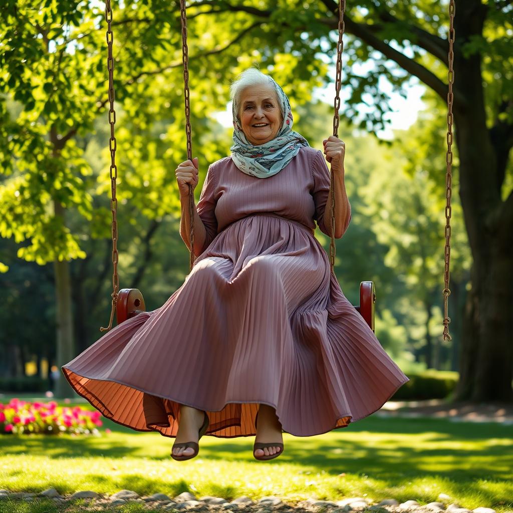 A tall, elderly woman joyfully riding a swing in a park