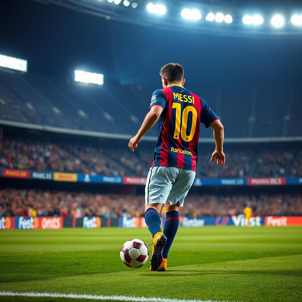 A football player on a vibrant, well-lit football pitch at night, wearing a classic Barcelona jersey with 'Messi' printed on the back
