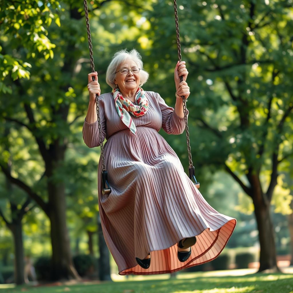 A tall, elderly woman joyfully riding on a swing in a park