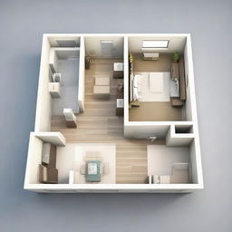 A 3D floor plan of a house with two rooms on the right, a bathroom on the left, a kitchen at the back, and a living area accessible right upon entering the main door.