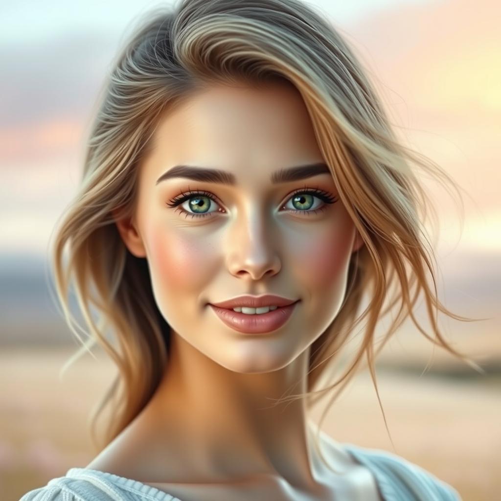 A stunning portrait of a beautiful woman with delicate feminine features, showcasing soft, flowing hair that frames her face