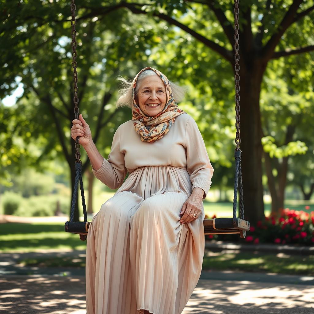 A tall elderly woman happily sitting on a swing, wearing a long, pleated dress and a headscarf