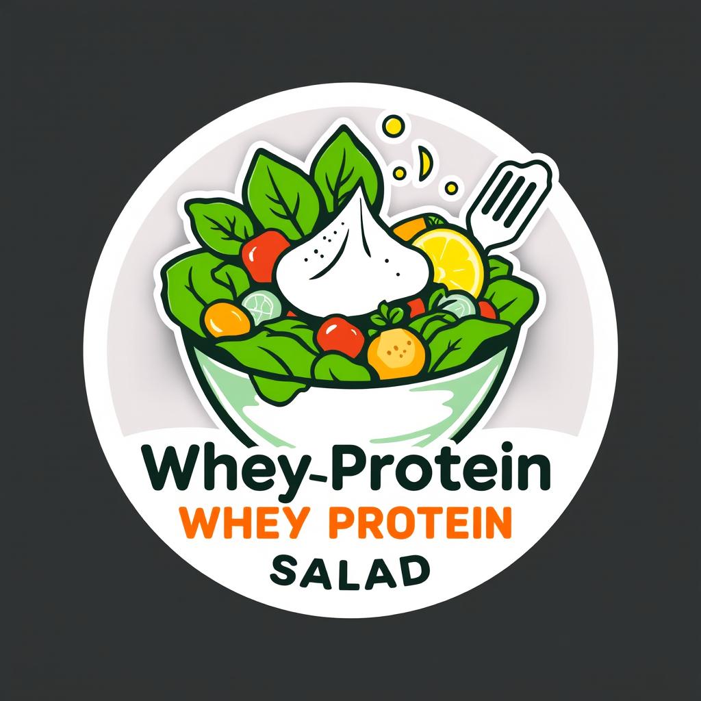 A modern and vibrant logo for a whey protein salad business, featuring a stylized salad bowl filled with colorful greens, vegetables, and whey protein powder sprinkled on top
