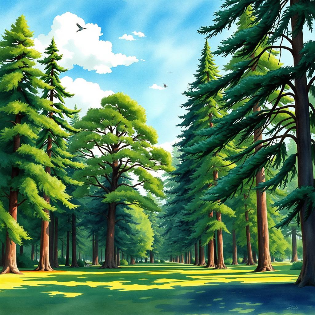 A vibrant watercolor painting of a forest park featuring tall, majestic trees