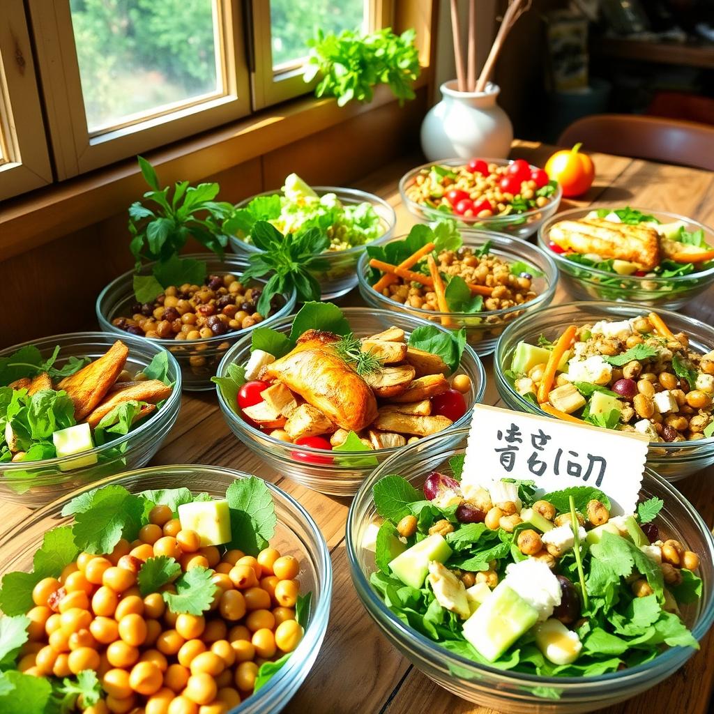 A vibrant and inviting display of a home-based protein salad business named 'وی'